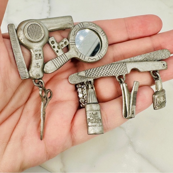 Vintage Pewter Brooch Lot Salon Manicure Nail Spoontiques JJ Blow Dryer Scissor - Picture 2 of 10